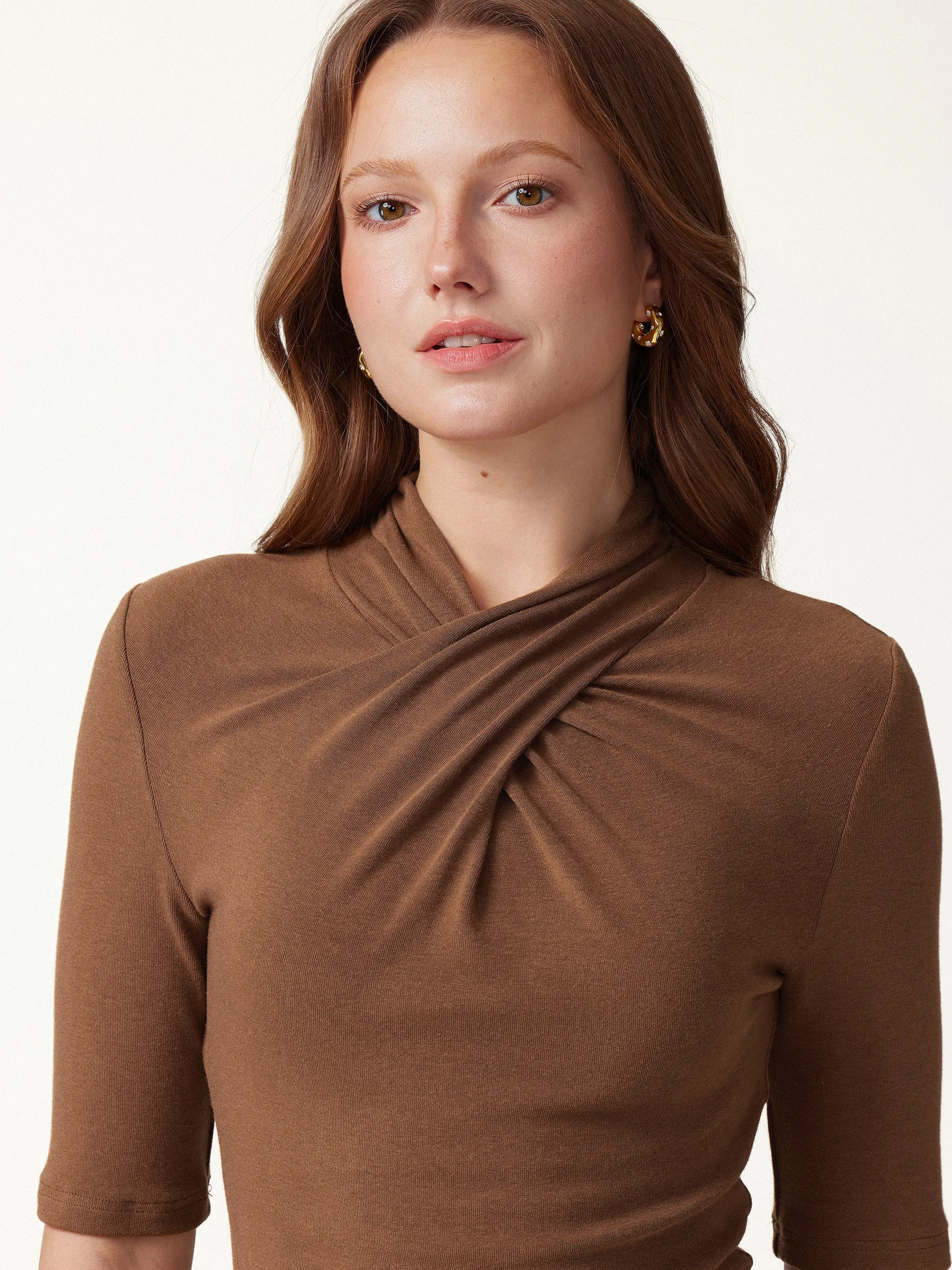 Crisscross Mock Neck Elbow Sleeve Ruched Top sold by OGLmove product image thumbnail 5