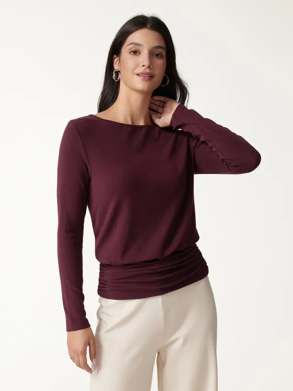 Boatneck Long Sleeve Ruched Banded Hem Top made by OGLmove