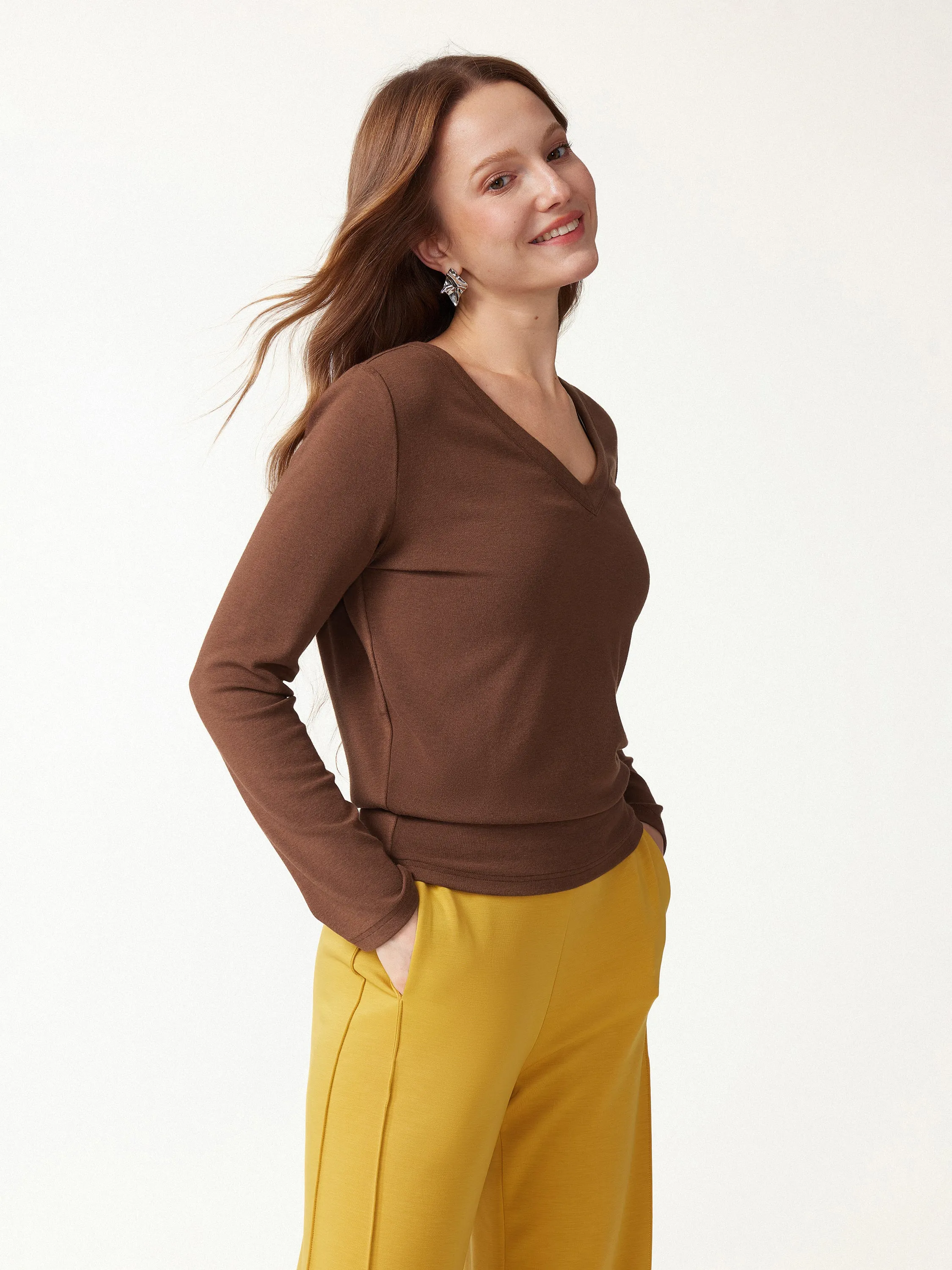 V-Neck Long Sleeve Banded Hem Top sold by OGLmove product image thumbnail 4