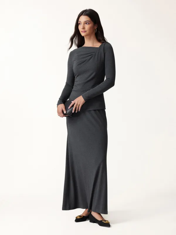 2Pcs Set Asymmetrical Neck Long Sleeve Top & High-Rise A-Line Maxi Skirt made by OGLmove