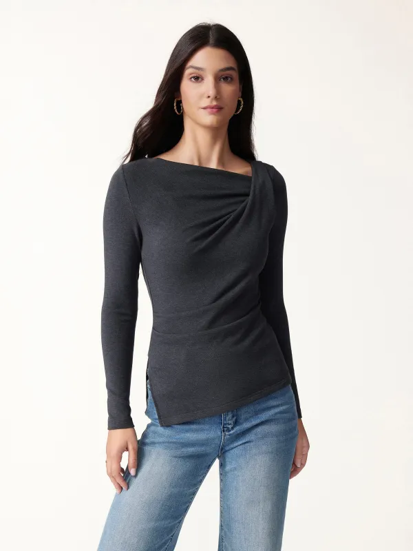Eco-Mousse® Asymmetrical Neck Long Sleeve Tucked-Waist Top made by OGLmove