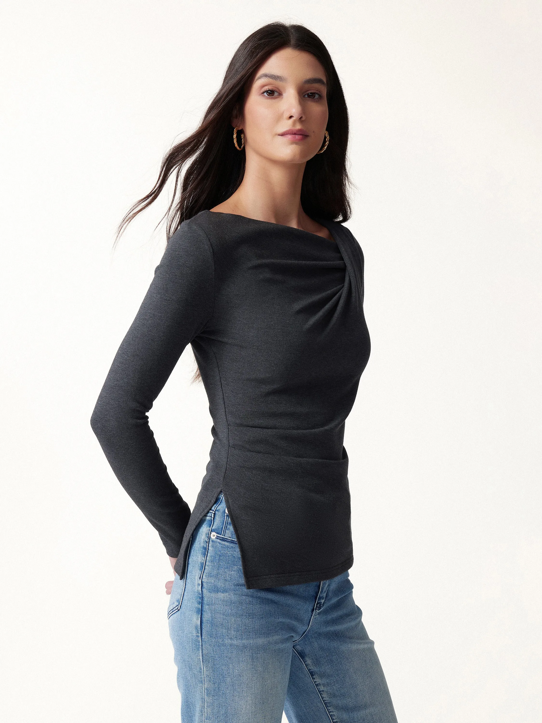 Eco-Mousse® Asymmetrical Neck Long Sleeve Tucked-Waist Top sold by OGLmove product image thumbnail 3