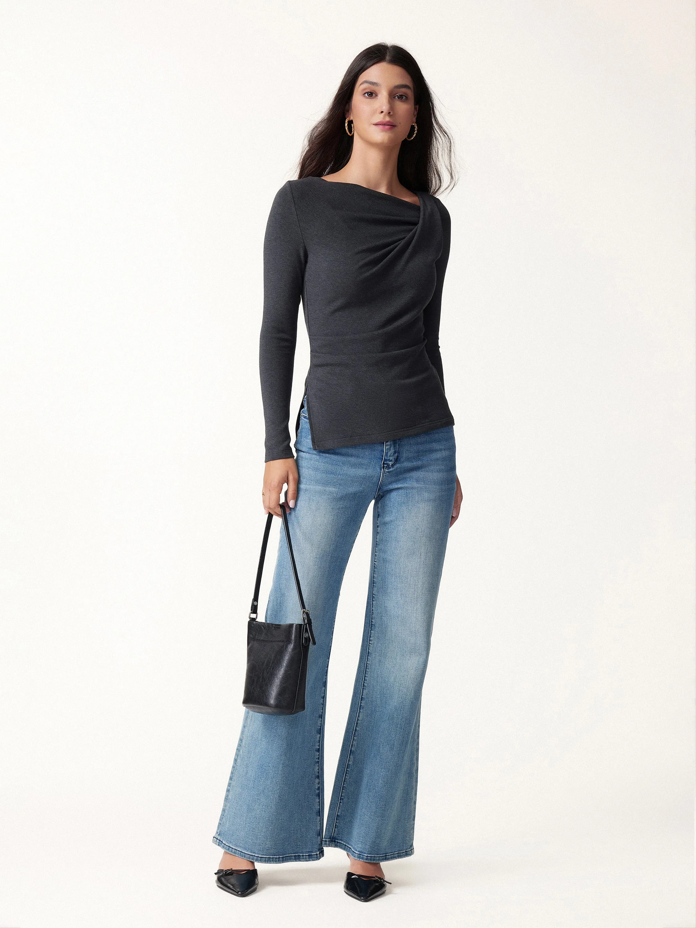 Eco-Mousse® Asymmetrical Neck Long Sleeve Tucked-Waist Top sold by OGLmove product image thumbnail 2