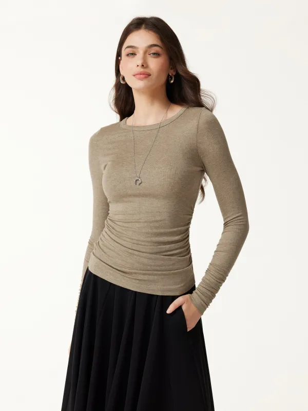 Round Neck Long Sleeve Ruched Top made by OGLmove
