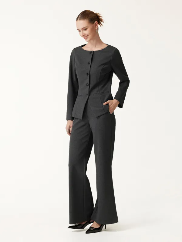 2Pcs Set Neck Long Sleeve Jacket with Pockets & Mid-Rise Wide-Leg Pants with Pockets made by OGLmove