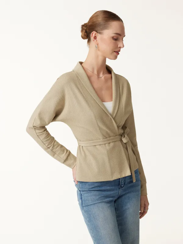 Textured Cotton Blend Lapel Belted Open-Front Jacket made by OGLmove