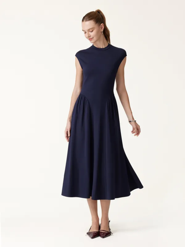 Ponte Mock Neck Ruched A-Line Midi Dress with Pockets made by OGLmove