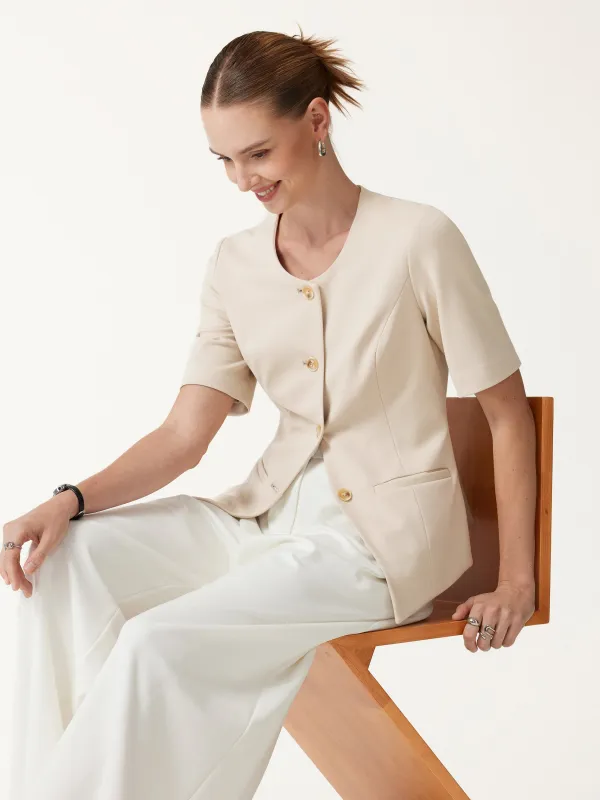 Ponte Office Round Neck Elbow Sleeve Jacket with Pockets made by OGLmove