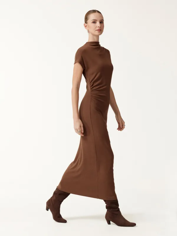 Eco-Mousse® Mock Neck Cap Sleeve Ruched Midi Dress made by OGLmove