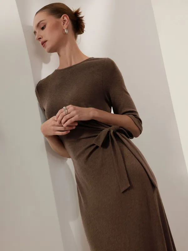 Slub Ribbed Round Neck Elbow Sleeve Tie-Waist Midi Dress made by OGLmove