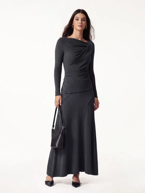2Pcs Set Asymmetrical Neck Long Sleeve Top & Drapey A-Line Midi Skirt made by OGLmove