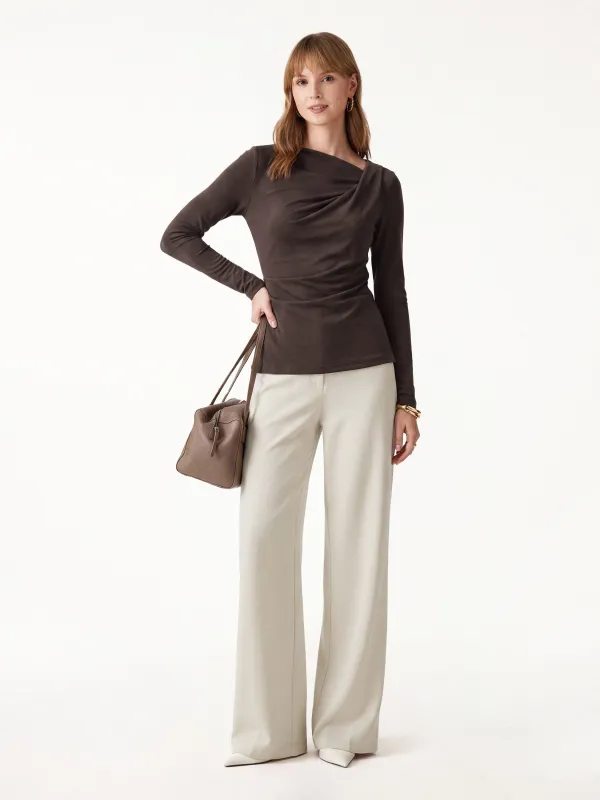 2Pcs Set LiteWarm Asymmetrical Neck Long Sleeve Top & Mid Rise Wide Leg Trouser made by OGLmove
