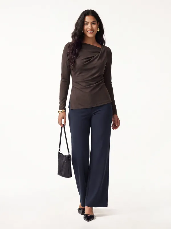 2Pcs Set Asymmetrical Neck Long Sleeve Top & Slimming High Rise Wide Leg Pant made by OGLmove