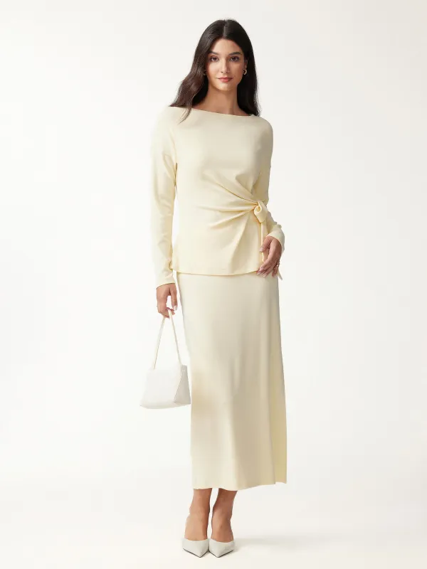2Pcs Set Boatneck Long Sleeve Top & Mid-Rise Side-Slit Column Midi Skirt made by OGLmove