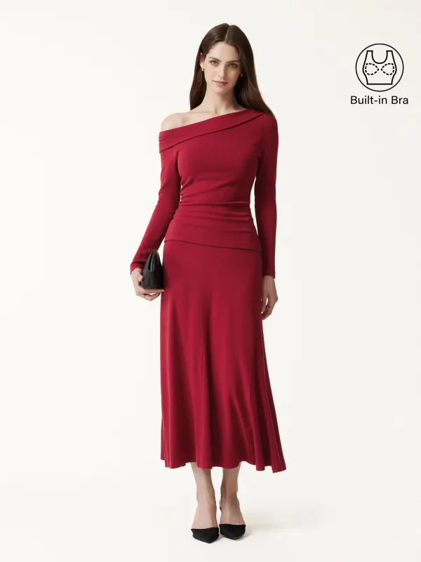 2Pcs Set Asymmetrical Neck Long Sleeve Bra Top & High-Rise A-Line Midi Skirt made by OGLmove
