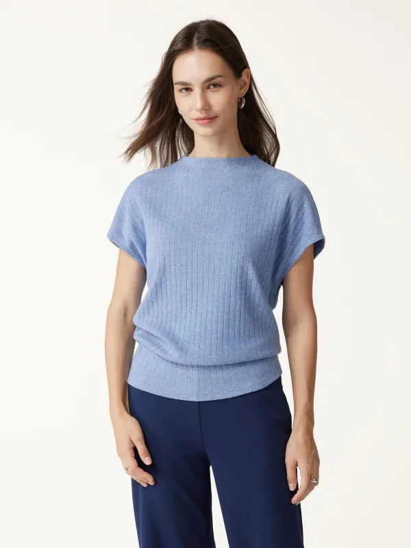 Wide Ribbed Mock Neck Cap Sleeve Banded Hem Top made by OGLmove