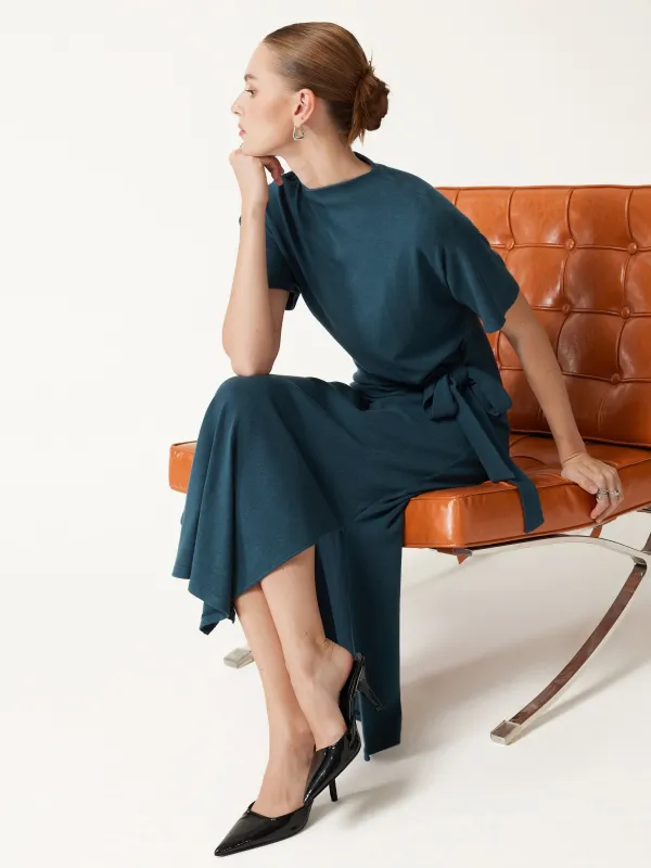 Eco-Mousse® Mock Neck Elbow Sleeve Tie-Waist Midi Dress made by OGLmove