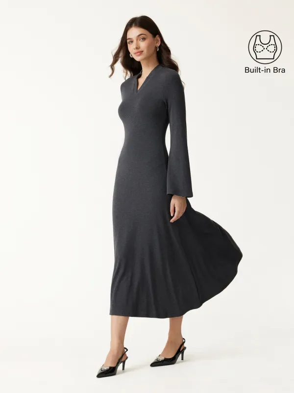 LiteWarm V-Neck Long Sleeve Flowy Midi Built-In Bra Dress 2.0 made by OGLmove