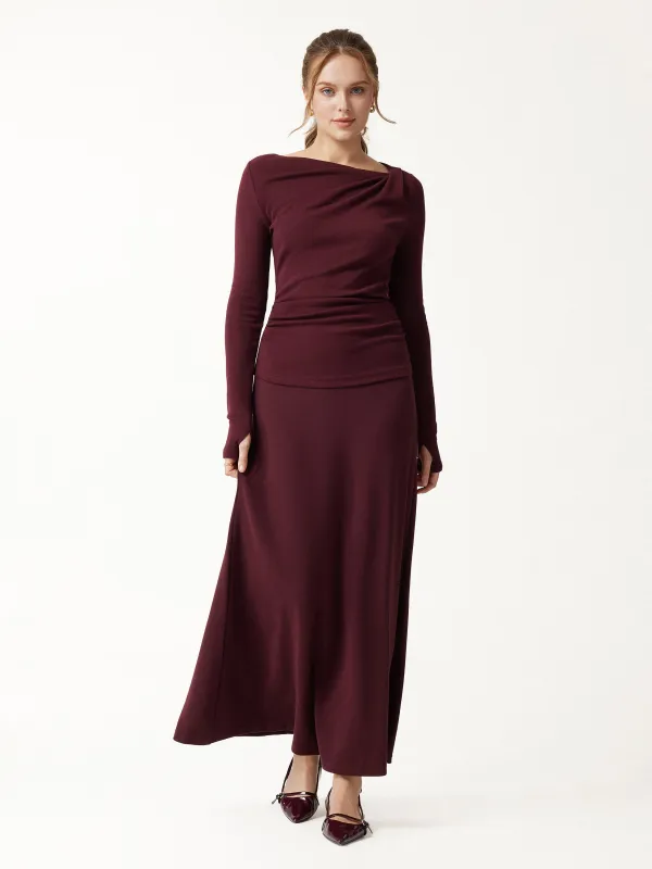 2Pcs Set LiteWarm Asymmetrical Neck Ruched Top & High-Rise A-Line Maxi Skirt made by OGLmove