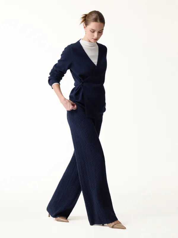 2Pcs Set V-Neck Long Sleeve Wrap Sweater & Cable-Knit Wide-Leg Pants with Pockets made by OGLmove