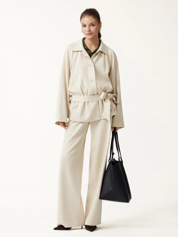 2Pcs Set Notched Collar Long Sleeve Belted Jacket & Mid-Rise Wide-Leg Pants with Pockets made by OGLmove