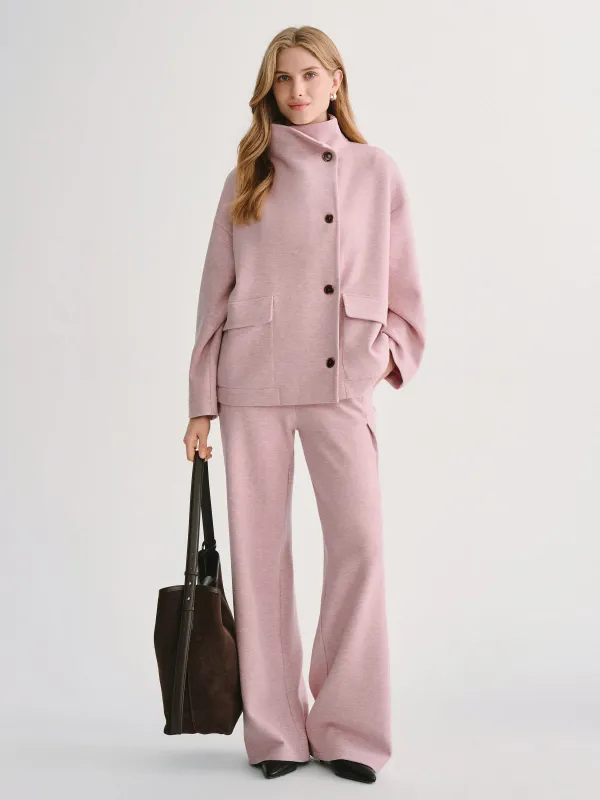 2Pcs Set FuzzLuxe Mock Neck Long Sleeve Jacket with Pockets & High-Rise Wide-Leg Tuck Pants with Welt Pockets made by OGLmove