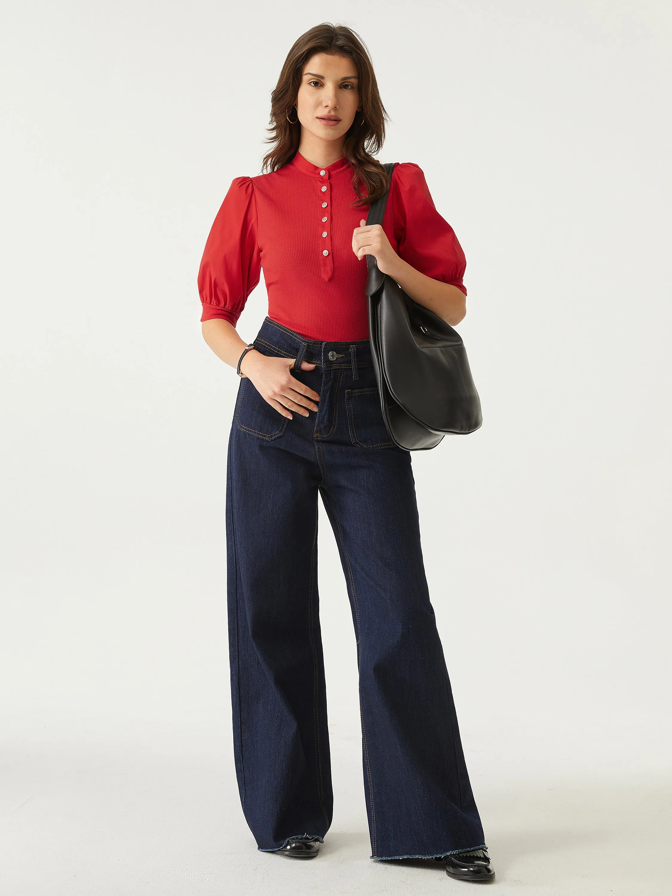 Half Button-Down Puff Sleeve Top sold by ogl move product image thumbnail 5