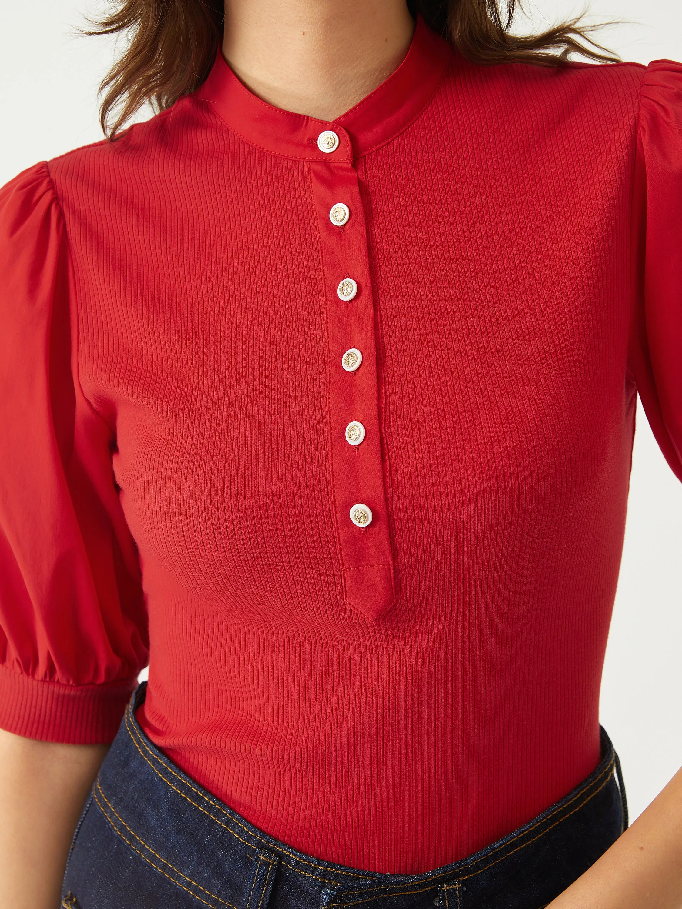 Half Button-Down Puff Sleeve Top sold by ogl move product image thumbnail 2