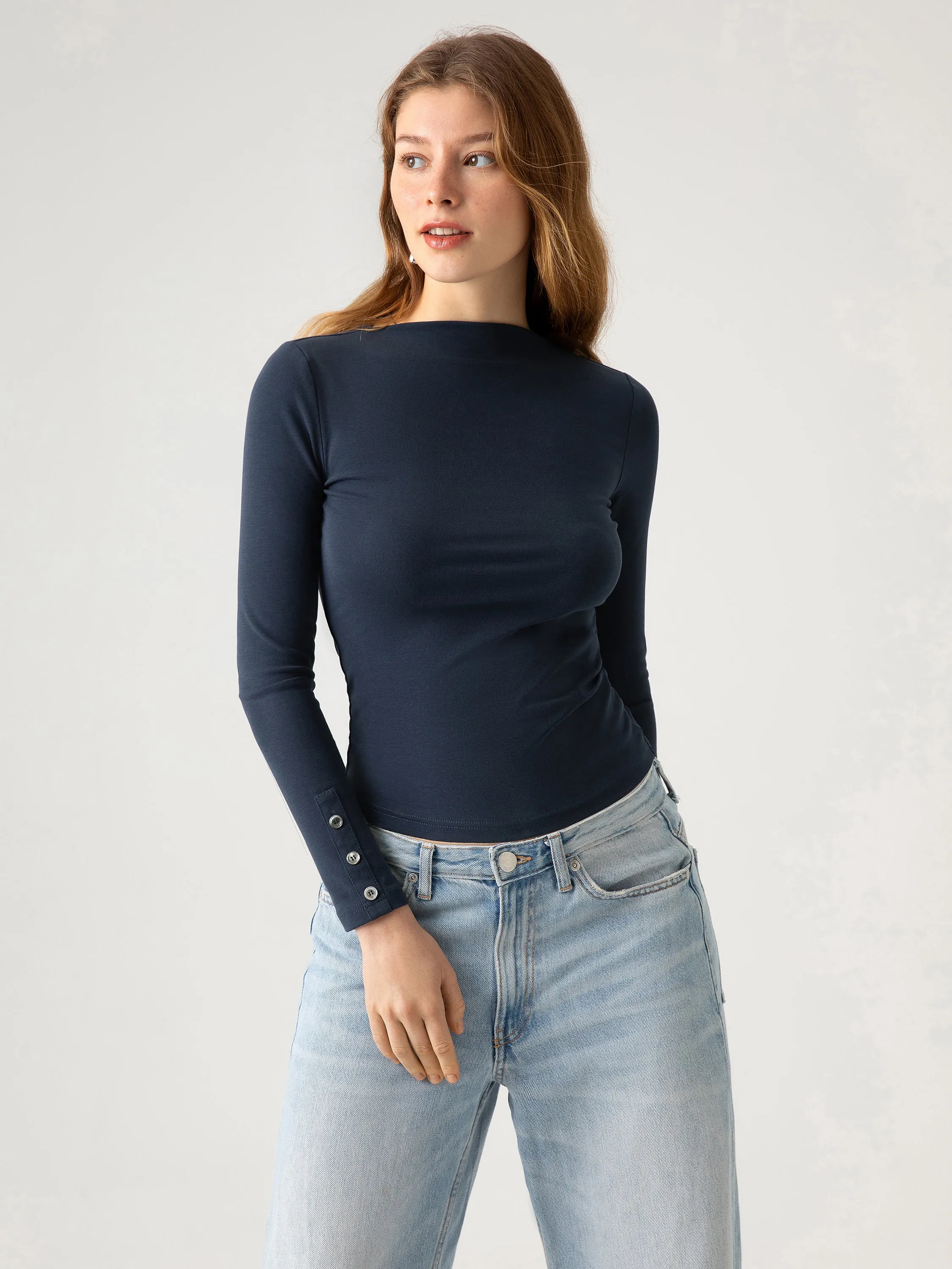 Cotton Fine-Rib Fitted Boatneck Long SleeveT-Shirt sold by ogl move product image thumbnail 5