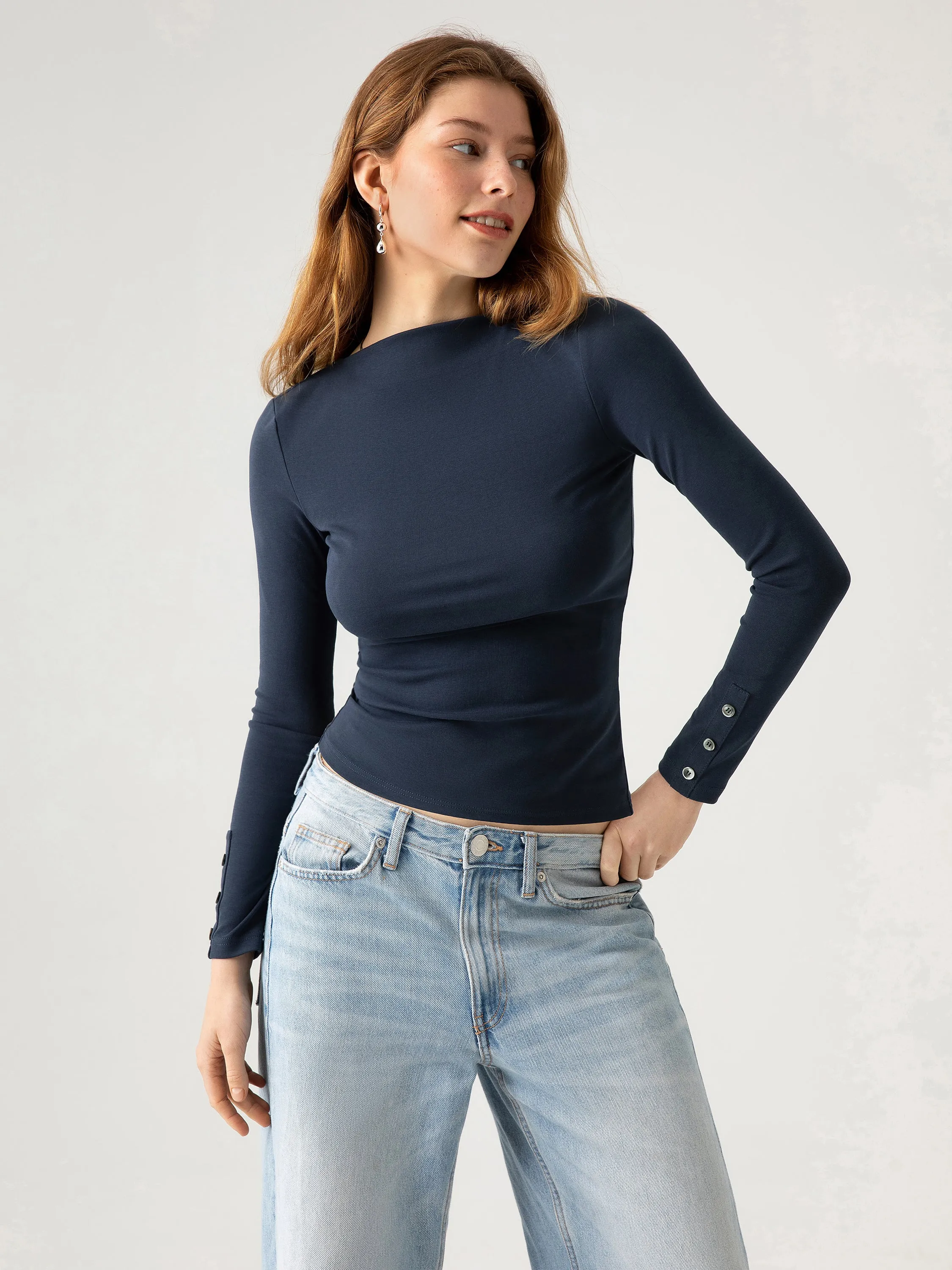 Cotton Fine-Rib Fitted Boatneck Long SleeveT-Shirt sold by ogl move