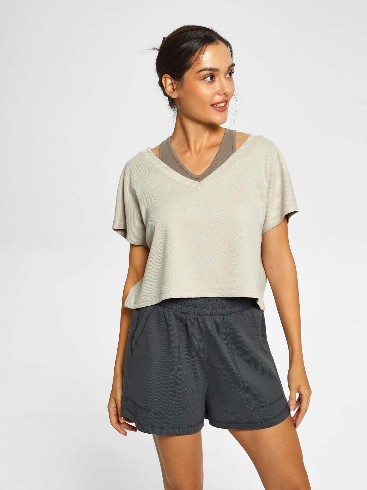 Two-Piece V-Neck Batwing Crop Top & Relaxed Shorts sold by ogl move product image thumbnail 2