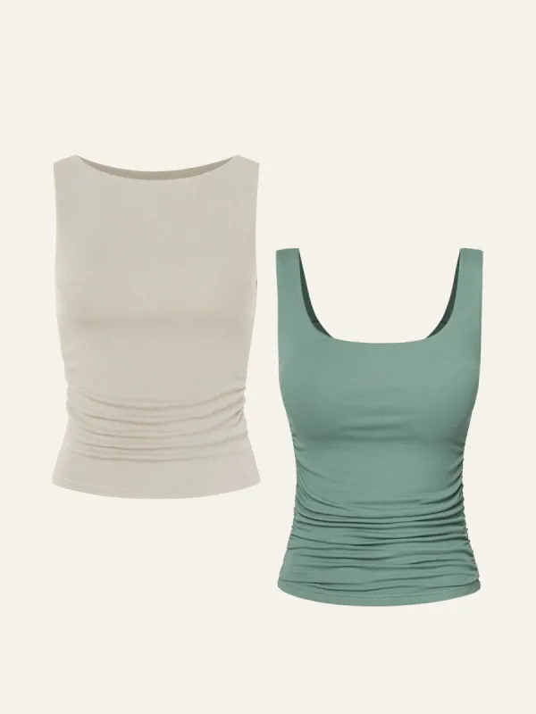 Ruched Sides Boatneck Brami & Square Brami Tank Top 2Pcs Set sold by ogl move