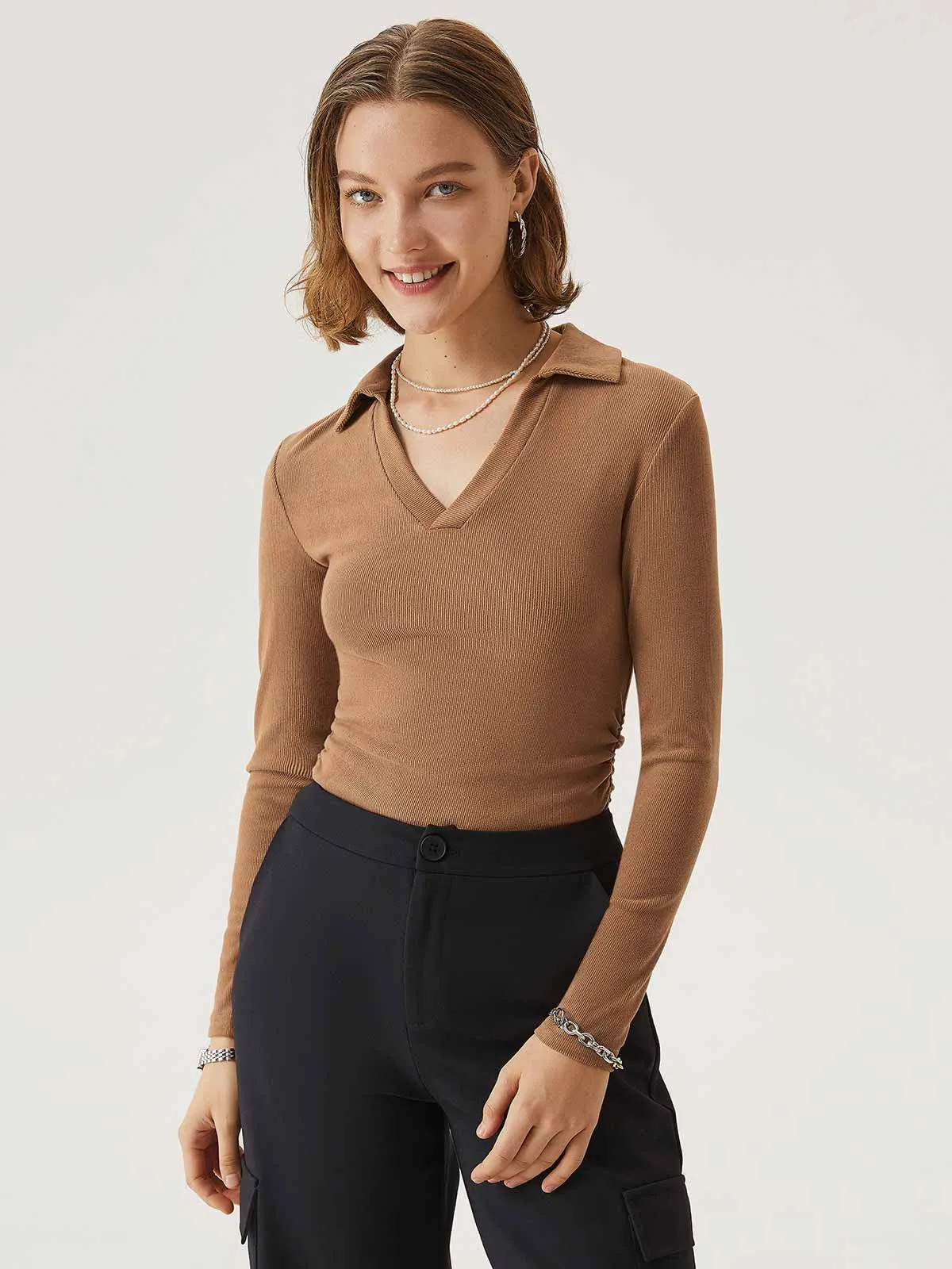 Brushed Rib Open Collar Polo Top sold by ogl move
