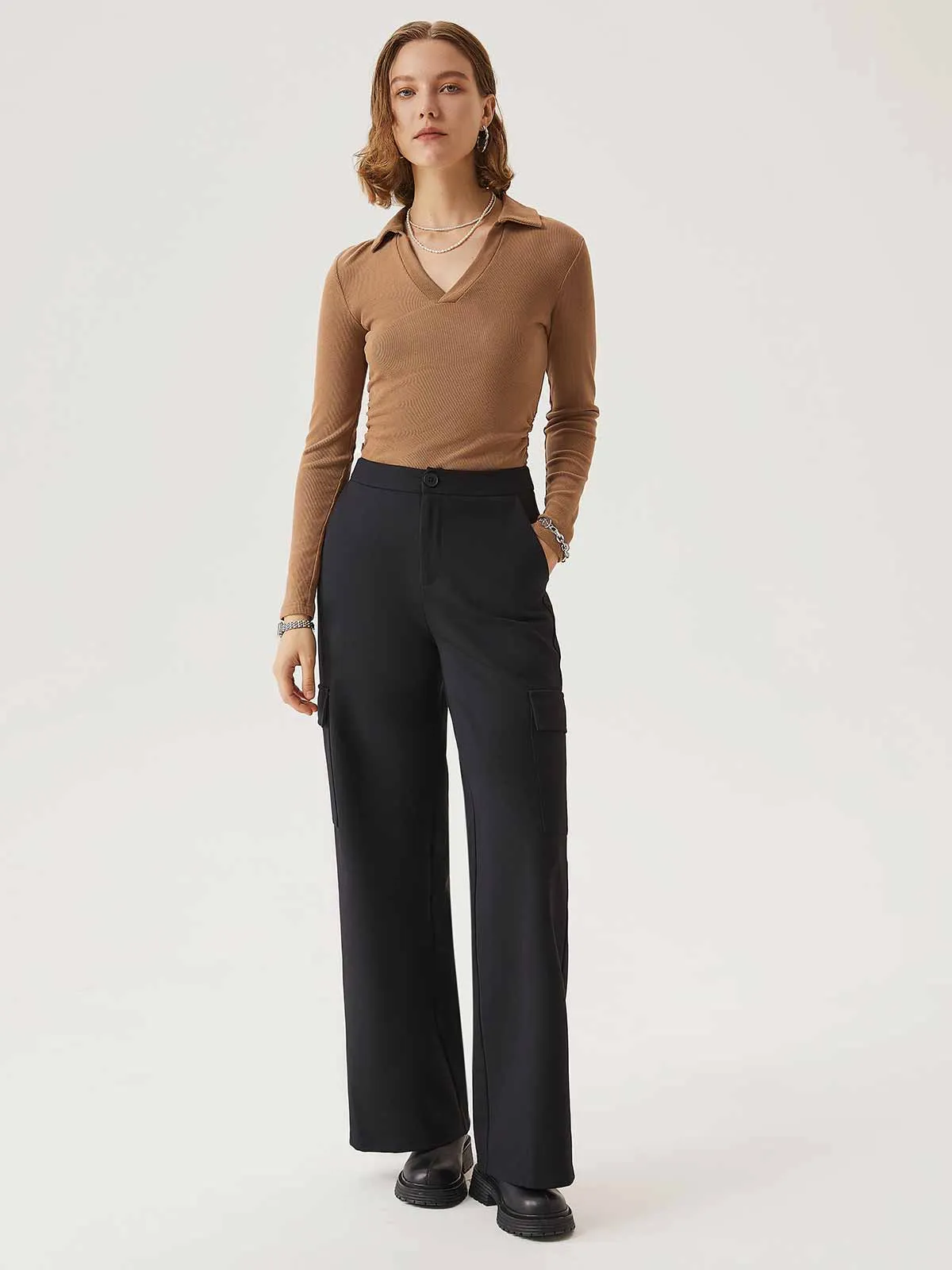 Brushed Rib Open Collar Polo Top sold by ogl move product image thumbnail 3