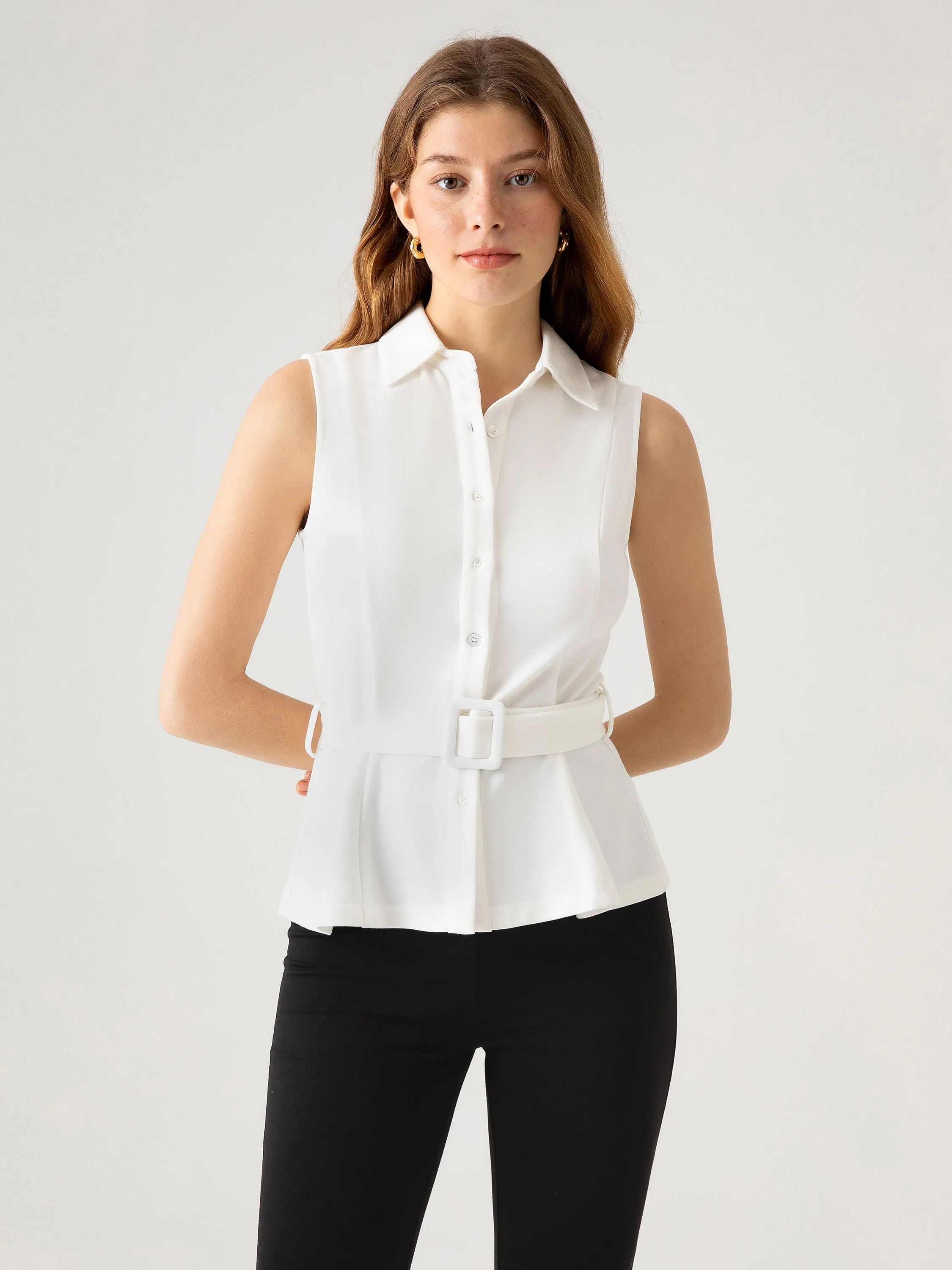 Belted Sleeveless Shirt sold by ogl move