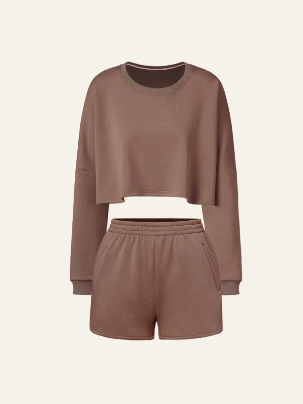 Cropped Fleece Crew Neck Sweatshirt & Slant Pockets Fleece Shortsr 2Pcs Set sold by ogl move
