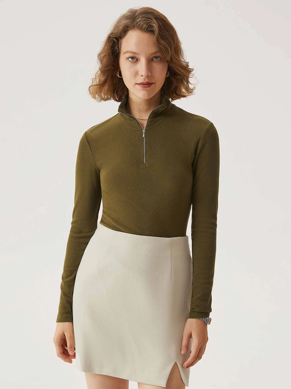 Brushed Rib Half-Zip Mockneck Top sold by ogl move