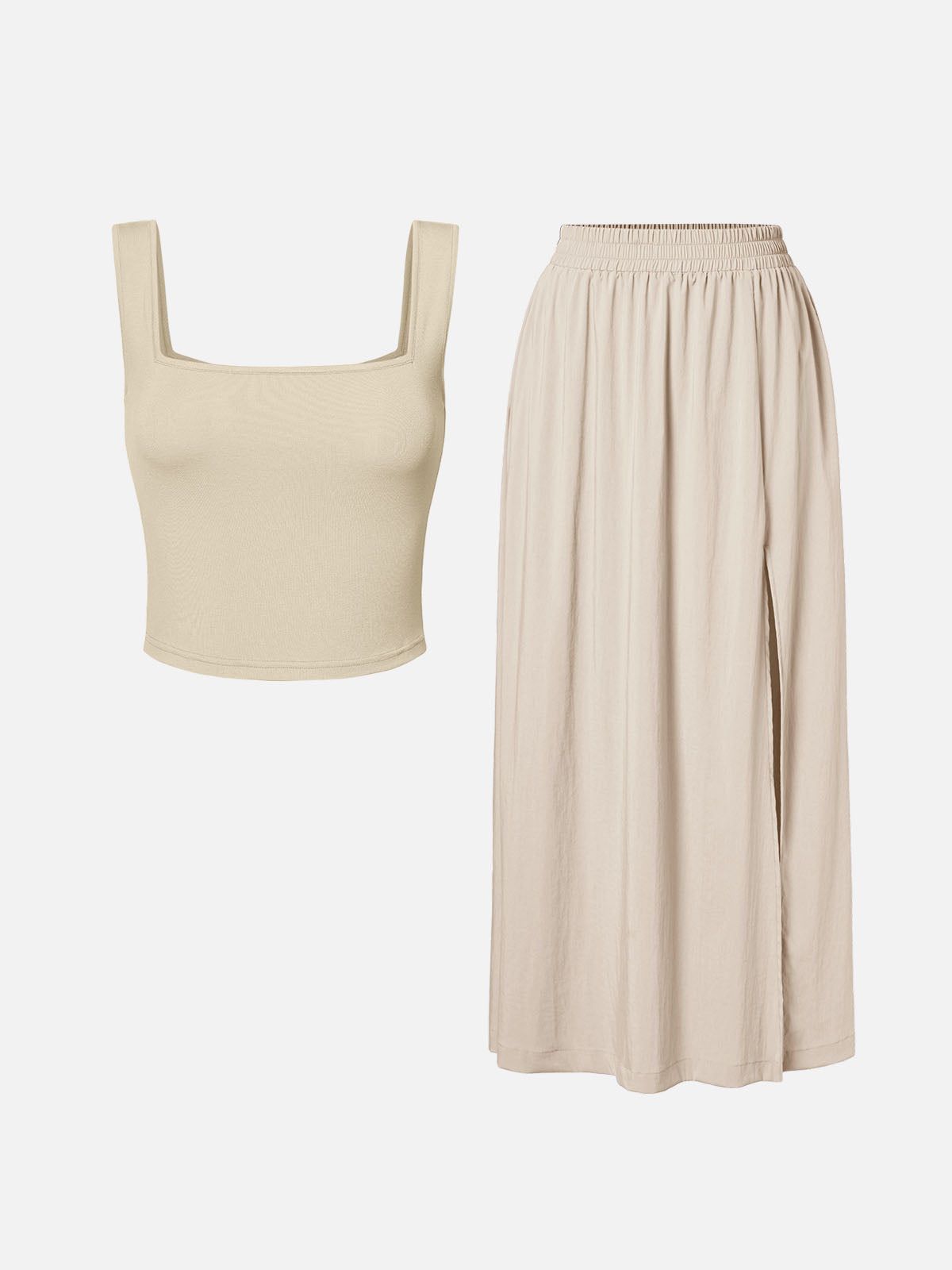 Square Neck Wide Strape Cropped Tank & Elastic Slit Flared Maxi Skirt-2Pcs set sold by ogl move product image thumbnail 6