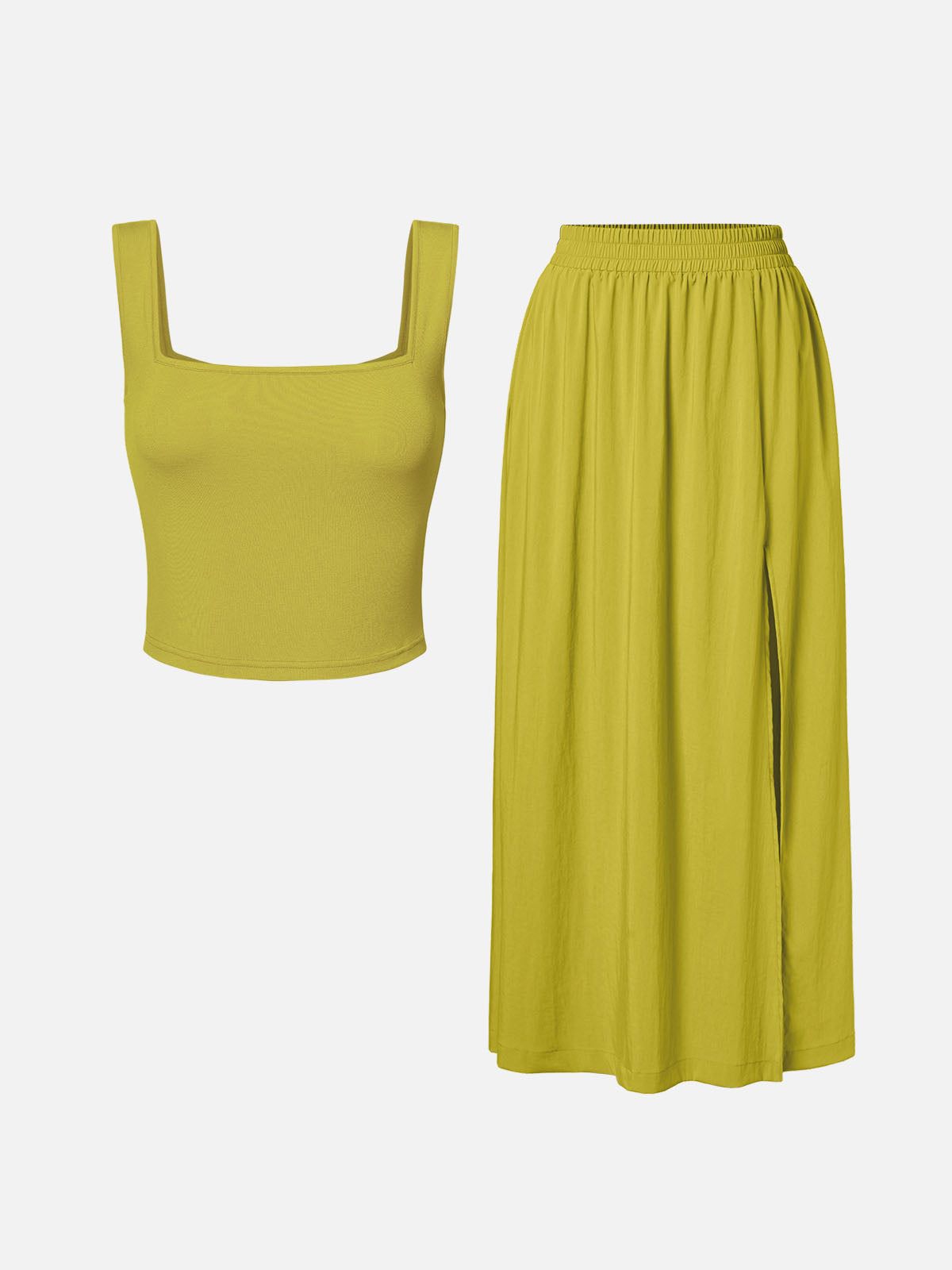 Square Neck Wide Strape Cropped Tank & Elastic Slit Flared Maxi Skirt-2Pcs set sold by ogl move