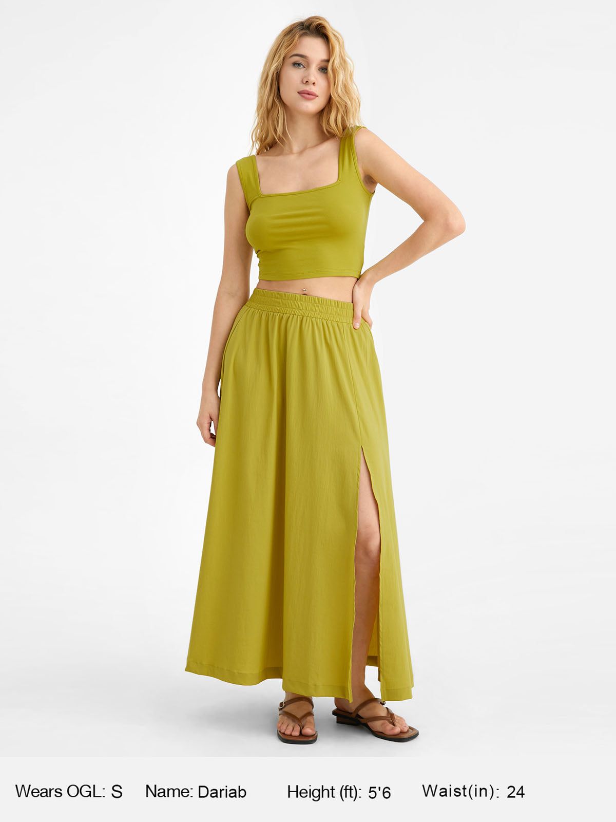 Square Neck Wide Strape Cropped Tank & Elastic Slit Flared Maxi Skirt-2Pcs set sold by ogl move product image thumbnail 4