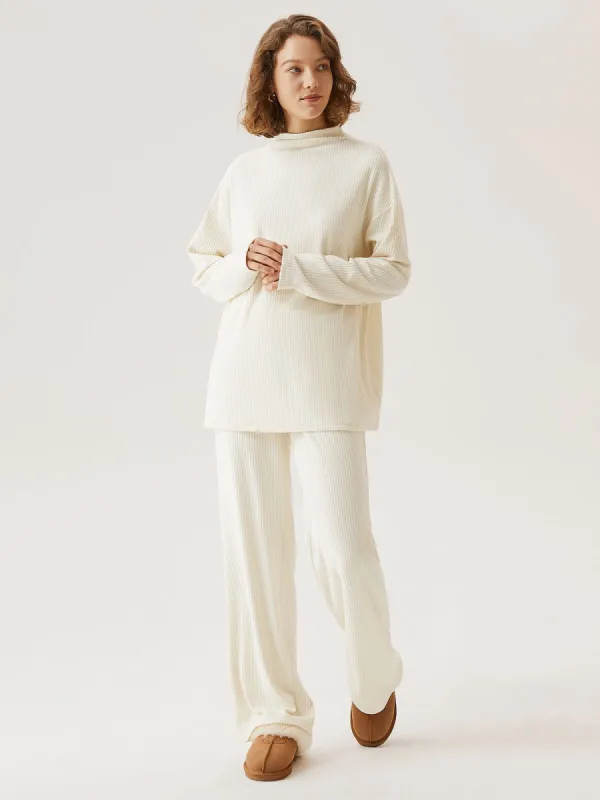Wide Rib Mockneck Oversized Top & Wide Leg Slip-On Pants 2Pcs Set sold by ogl move