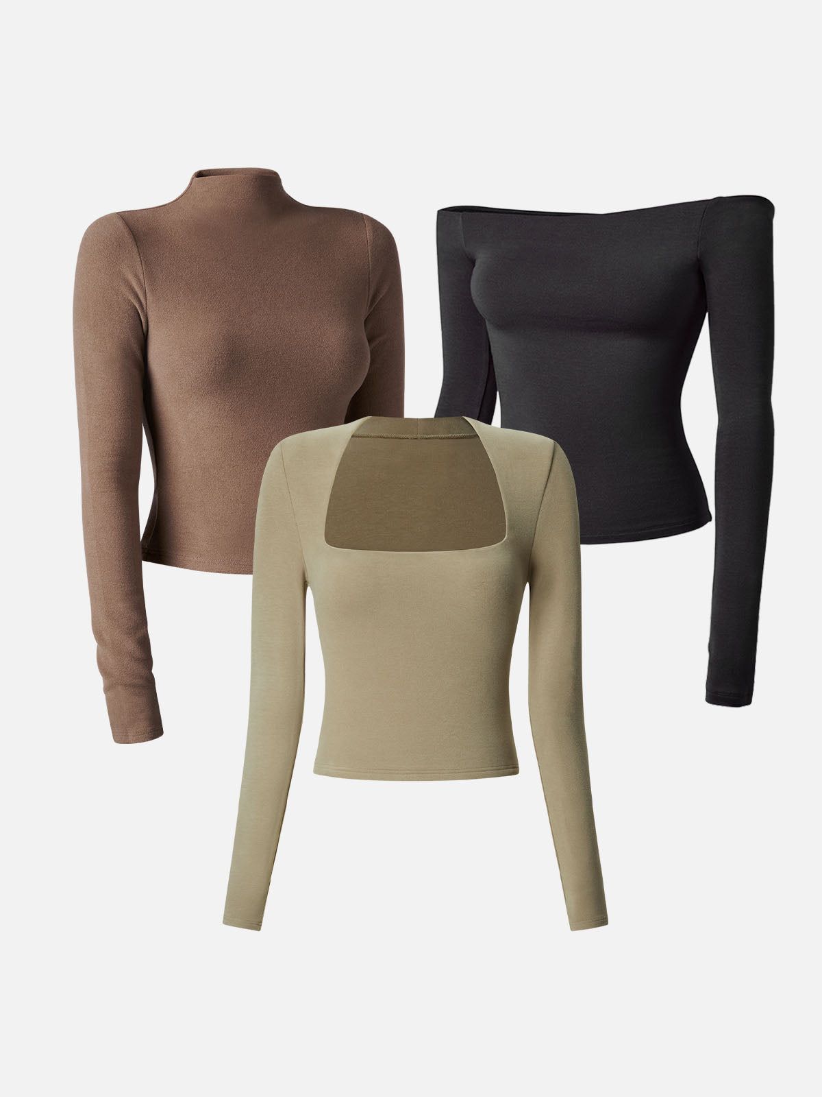 Square Neck Long Sleeve Top&Multi-Wear Body Top&Mock Neck Crop Top-3Pcs Set sold by ogl move product image thumbnail 2