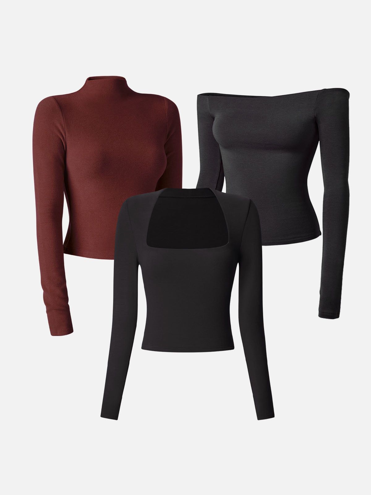 Square Neck Long Sleeve Top&Multi-Wear Body Top&Mock Neck Crop Top-3Pcs Set sold by ogl move product image thumbnail 3
