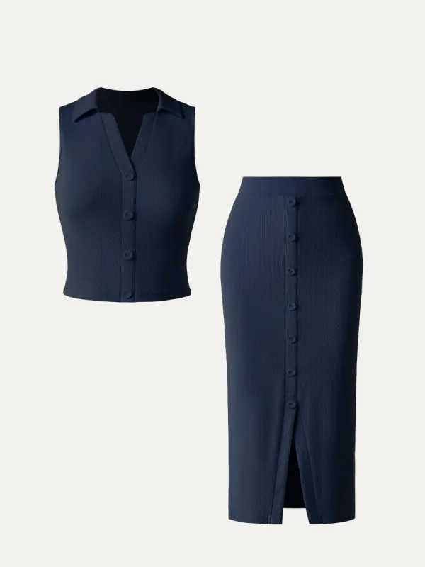 Cropped Pull-Over Tank Top & H-Line Vent Front Midi Skirt 2Pcs Set sold by ogl move