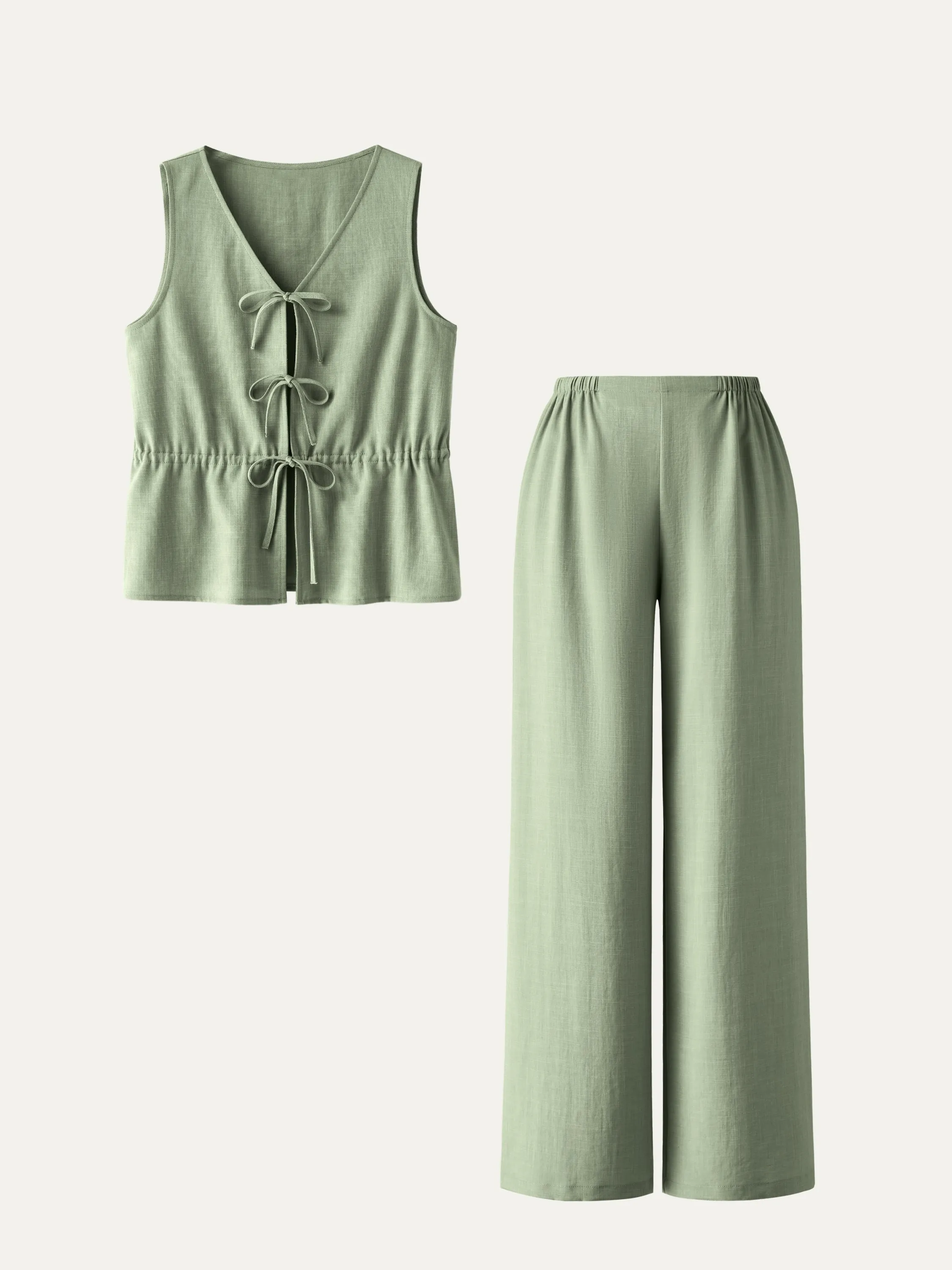 Texture Linen Blend Tie Vest & Side Seamless Pants 2Pcs Set sold by ogl move product image thumbnail 3