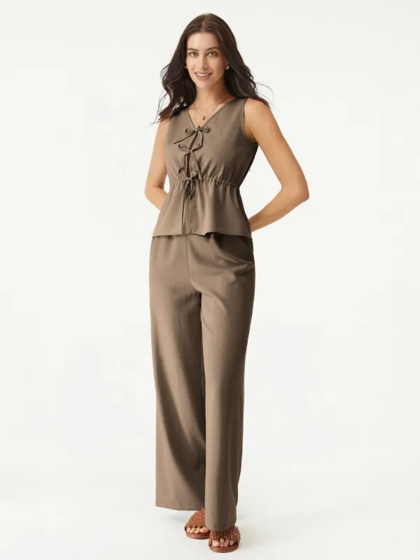 Texture Linen Blend Tie Vest & Side Seamless Pants 2Pcs Set sold by ogl move