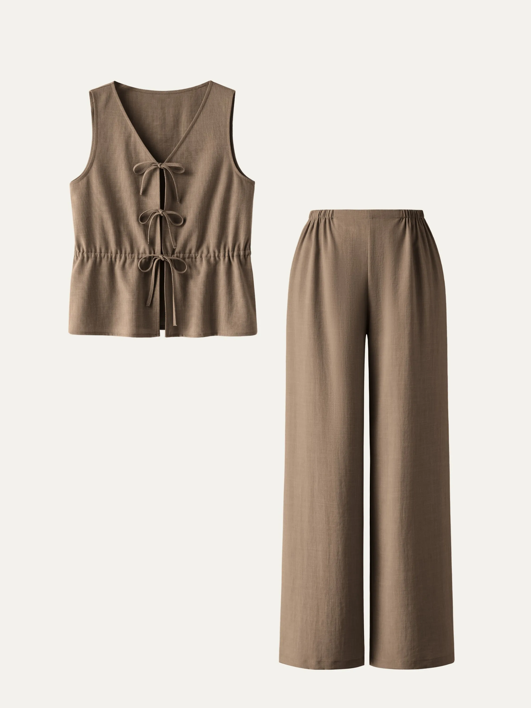 Texture Linen Blend Tie Vest & Side Seamless Pants 2Pcs Set sold by ogl move product image thumbnail 2