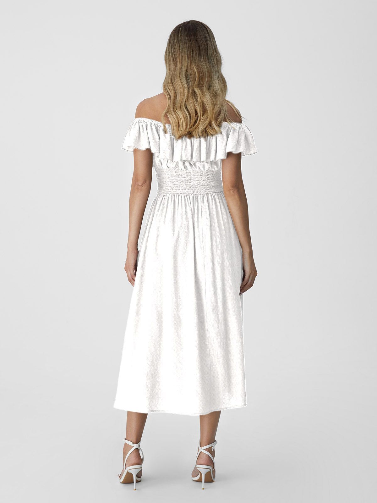 Off-The-Shoulder Ruffle Smocking Midi Dress sold by ogl move product image thumbnail 4