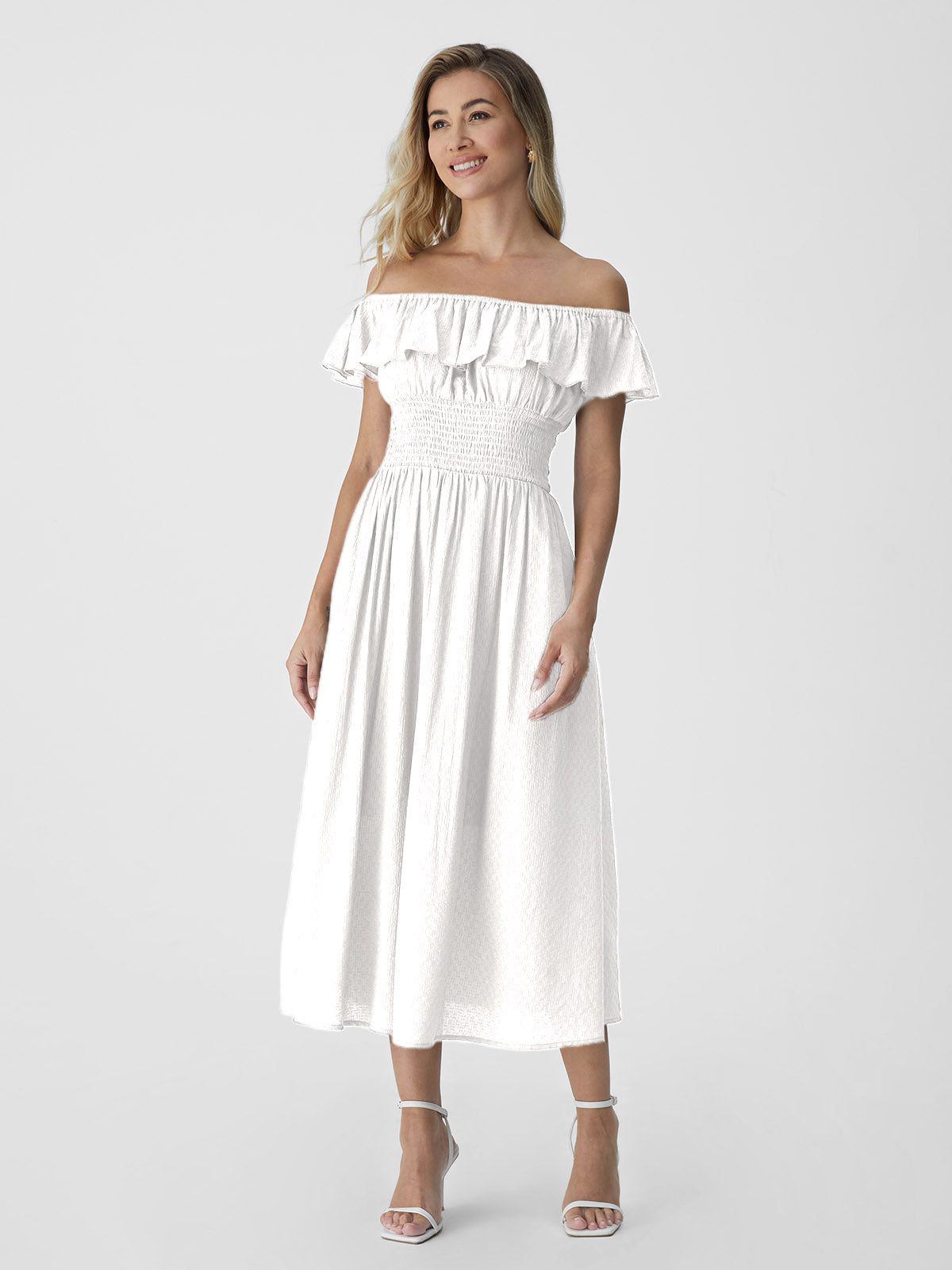 Off-The-Shoulder Ruffle Smocking Midi Dress sold by ogl move