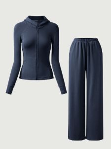 Cozy Athleisure Hooded Jacket & Elastic Waist Tappered Wide Leg Pants 2Pcs Set sold by ogl move